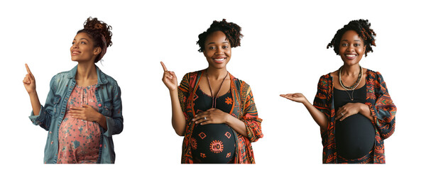 a smiling pregnant woman standing, cradling her belly with one hand