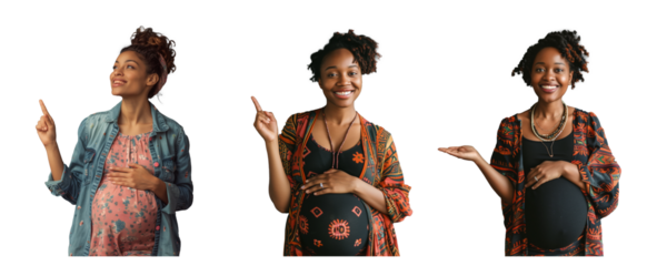 a smiling pregnant woman standing, cradling her belly with one hand