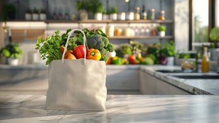 Sustainable grocery bag with fresh produce in modern kitchen.