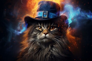 Stunning long-haired cat in a wizard hat surrounded by enchanting flames