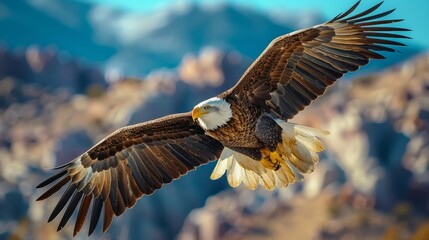 Side shot of an eagle in flight with clear blue skies over rugged terrain.
