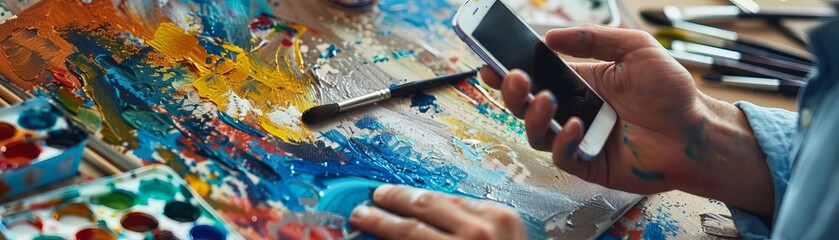 Obraz premium An artist on a smartphone purchasing new art supplies, with a canvas and paint brushes spread out in front