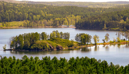 beautiful view of Lake Kalkan in the mountains of the Southern Urals on a summer day