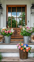 Fototapeta premium Flowers in pots on the porch of an old house with a wooden door