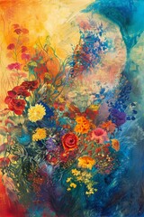 A vibrant array of flowers in full bloom with bright, warm tones blending into cool hues, representing the abundance and beauty of nature during Shavuot