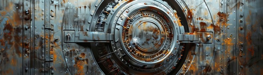 An artistic interpretation of a massive steel vault door with a blockchain pattern, emphasizing security