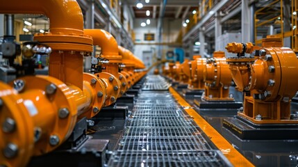 Fototapeta premium Striking Orange Infrastructure of Pipes and Pumps Within a Busy Factory Setting