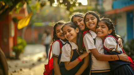 Fototapeta premium Indian school girls group celebrating friendship day