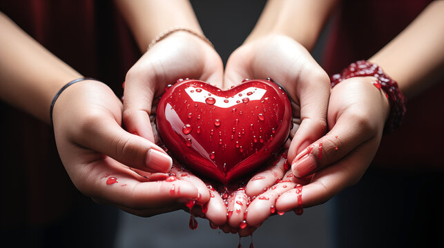 A close-up of red heart surrounded by supportive hands, symbolizing the lifesaving impact of blood donation.