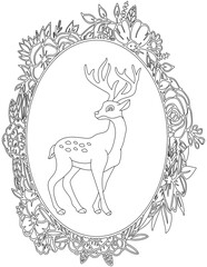 Deer in A Floral Frame Coloring Page. Printable Coloring Worksheet for Kids. Educational Resources for School and Preschool.