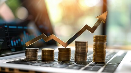 Financial Growth, Investment and Planning Symbolized by Hands Interacting with Financial Charts and Graphs and Stacking Coins on a Laptop
