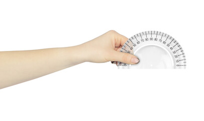 plastic stationery protractor in hand, outstretched hand with protractor isolated from background