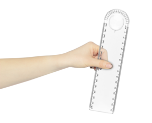 Plastic stationery ruler in centimeters and millimeters with protractor in hand, outstretched hand with ruler isolated from background