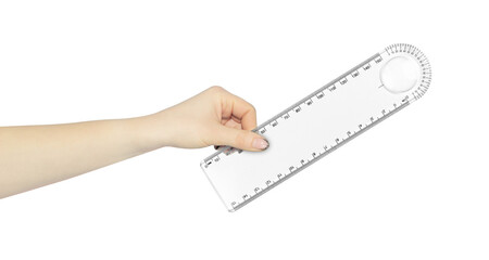Plastic stationery ruler in centimeters and millimeters with protractor in hand, outstretched hand...