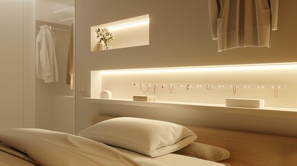 Fototapeta premium A contemporary bedroom with a minimalist, wall-mounted jewelry display and a soft, ambient light