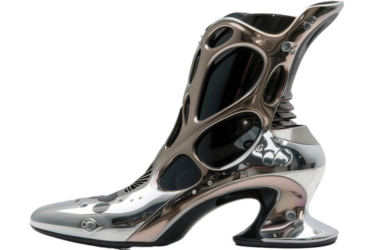 recommend clip art: A futuristic and sleek high-heeled boot with metallic accents, isolated on trasparent background, png file