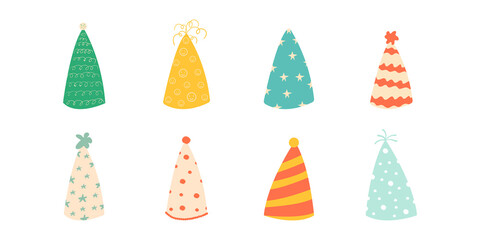 Set of birthday hats. Set of vector illustrations of cute colored hats for greeting cards, stickers, design.Simple birthday hat