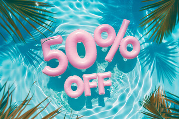 Pink balloons with 50% Off floating in a refreshing pool, great for marketing campaigns, retail banners, and social media promotions