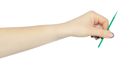 mini eyelash applicator in hand, outstretched hand with mini eyelash applicator isolated from background