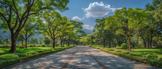 Scenic public park with lush trees and walk paths viewed from a low angle.
