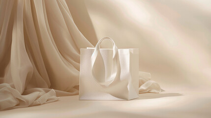 A minimalist composition featuring the white paper bag with silk handles against a backdrop of soft, muted tones, creating a sense of understated elegance and refinement.