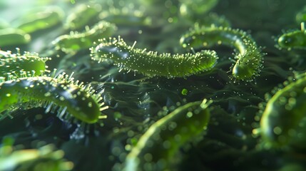 Fototapeta premium Microscopic view of bacteria producing biogas from organic waste in an anaerobic digester