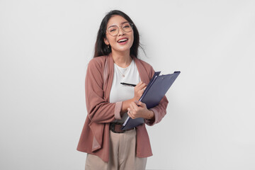 Fototapeta premium Young Asian business woman in eyeglasses holding a document and pen to write report, isolated by white background.