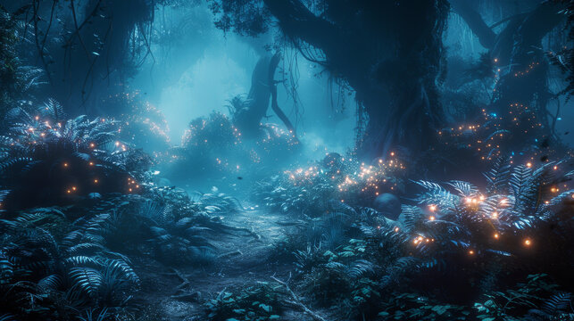Discover a neon-lit alien forest with bioluminescent plants and foggy paths.