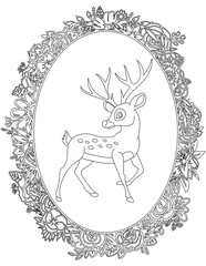 Deer in A Floral Frame Coloring Page. Printable Coloring Worksheet for Kids. Educational Resources for School and Preschool.