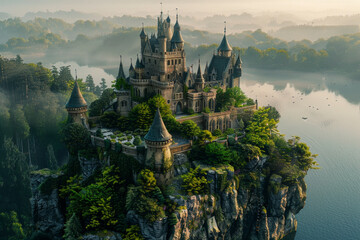 An enchanting fairy tale castle perched atop a verdant hilltop, overlooking a tranquil lake and lush forest below, with turrets, spires, and ivy-covered walls.