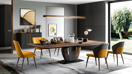 Vibrant and stylish furniture arrangement in a contemporary dining room, adding vibrancy and energy to meal times