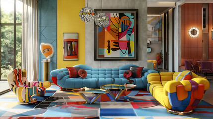 Vibrant and stylish furniture pieces complementing the modern decor of the living room