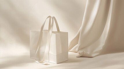 A minimalist composition featuring the white paper bag with silk handles, positioned against a backdrop of soft, neutral tones, creating a sense of timeless elegance.