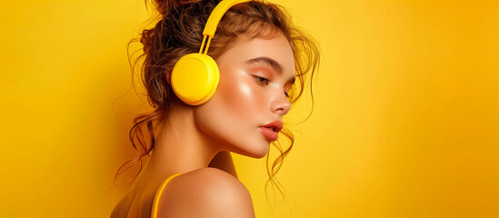 Young woman enjoying music with yellow headphones on a vibrant yellow background