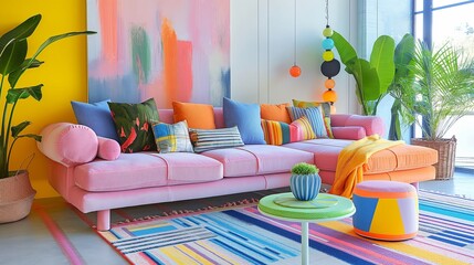 Bold and vibrant maximalist living room featuring artistic decor and a mix of patterns and colors. Perfect for contemporary art magazines, home decor blogs, and promotional content