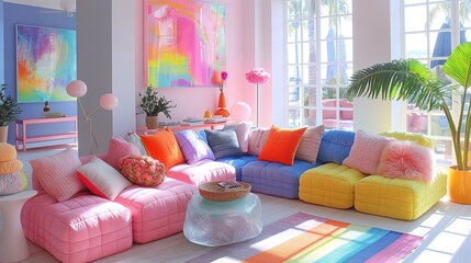 Eclectic maximalist living room with bright colors and a mixture of decorative elements and patterns. Ideal for home and garden magazines, interior design blogs, and lifestyle websites