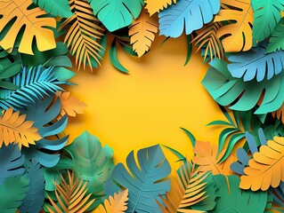 Vibrant arrangement of tropical leaves framing a yellow background, perfect for summer promotions, botanical illustrations, and tropical-themed designs