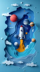 Creative paper art depicting a rocket launching into a whimsical space scene with planets and stars. Ideal for children's books, educational content, and space-themed designs