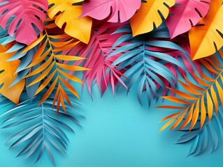 Creative paper art depiction of tropical leaves in vibrant colors against a blue background, perfect for art projects, creative advertising