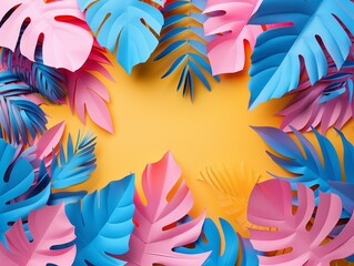 Vibrant tropical leaves frame on a yellow background, ideal for summer promotions, botanical themes, and tropical designs