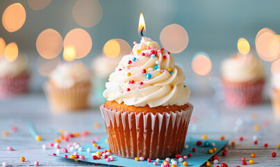 Celebratory Birthday Cupcake with Lit Candle and Colorful Sprinkles on Light Wooden Table, Festive Atmosphere with Soft Glowing Bokeh Lights in Background