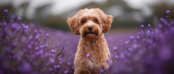 A goldendoodle standing in a purple lavender field