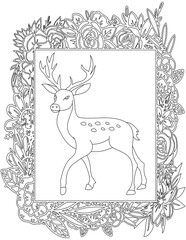 Deer in A Floral Frame Coloring Page. Printable Coloring Worksheet for Kids. Educational Resources for School and Preschool.