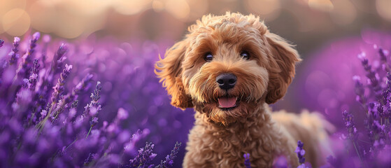 A goldendoodle standing in a purple lavender field