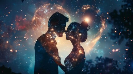 Festival romance close up, focus on couple forming heart, copy space, ensuring emotional and expressive colors, Double exposure silhouette with starry sky
