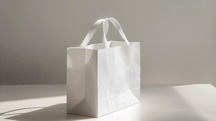 Soft, diffused light gently illuminating the pristine surface of the white paper bag with silk handles, highlighting its sleek contours and subtle textures.