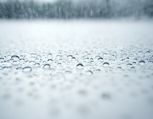 Obraz premium Water droplets on a gray background.Black and white-Close up summer rain, drops of water on the car paint. a small round or pear-shaped portion of liquid that hangs or falls or adheres to a surface.