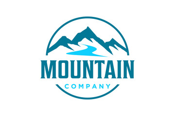 Outdoor design logo rocky snowy mountain peak with flowing river.