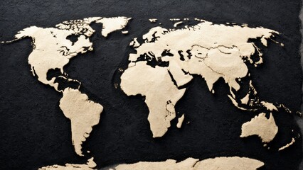 World map made of sand on a black background