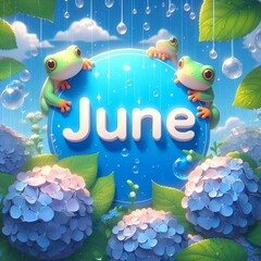 6月(JUNE)を祝うカエルと紫陽花